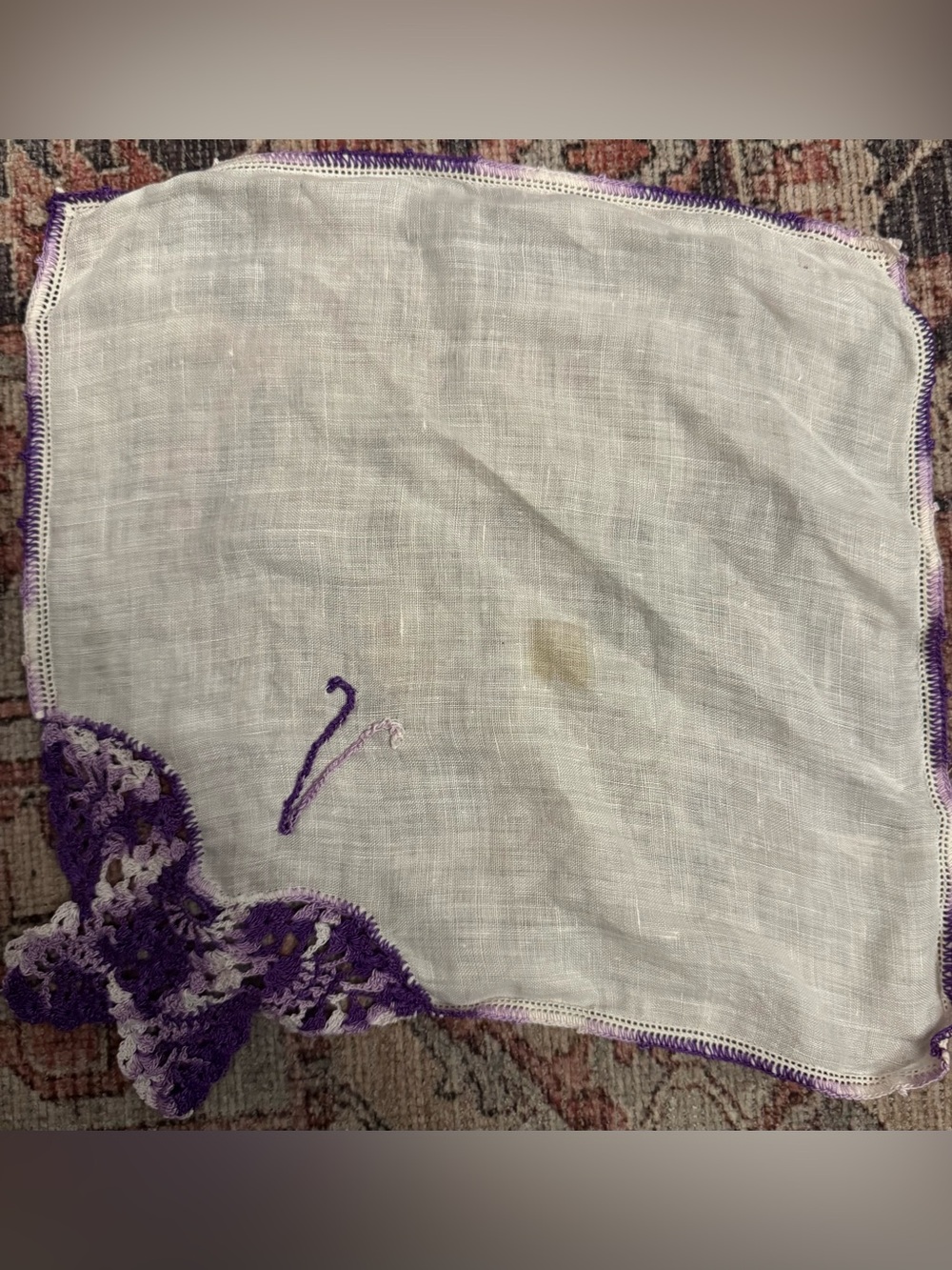 Vintage White Linen Hanker-chief with purple V & butterfly Embroidered on it